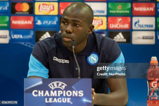 Napoli's French defender Kalidou Koulibaly holds a press conference on August 21 at the Allianz Riviera stadium in Nice, southeastern France, on the...