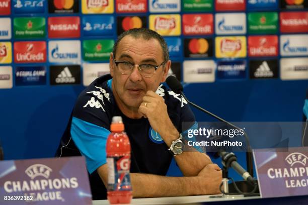 Napoli's Italian coach Maurizio Sarri gives a press conference on August 21 at the Allianz Riviera stadium in Nice, southeastern France, on the eve...