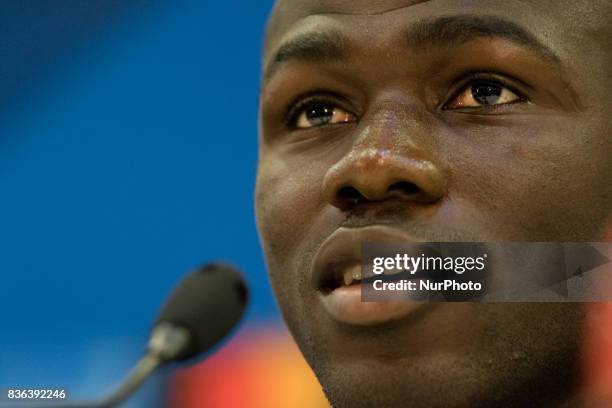 Napoli's French defender Kalidou Koulibaly holds a press conference on August 21 at the Allianz Riviera stadium in Nice, southeastern France, on the...