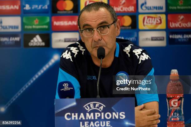 Napoli's Italian coach Maurizio Sarri gives a press conference on August 21 at the Allianz Riviera stadium in Nice, southeastern France, on the eve...