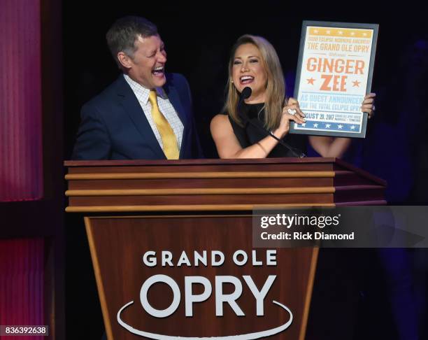 Opry host WSM's Bill Cody with Guest host Ginger Zee during Grand Ole Opry Total Eclipse 2017 Special Sunday Night Show at Grand Ole Opry House on...