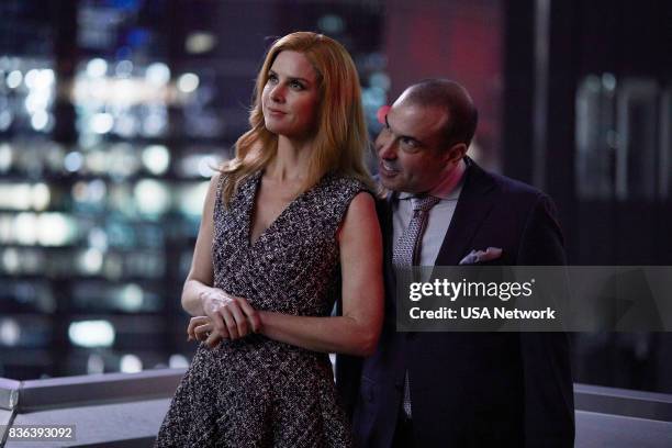 Episode 708 -- Pictured: Sarah Rafferty as Donna Paulsen, Rick Hoffman as Louis Litt --