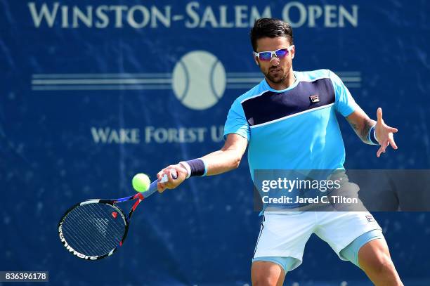 Janko Tipsarevic of Serbia returns a shot from Andreas Seppi of Italy during the third day of the Winston-Salem Open at Wake Forest University on...