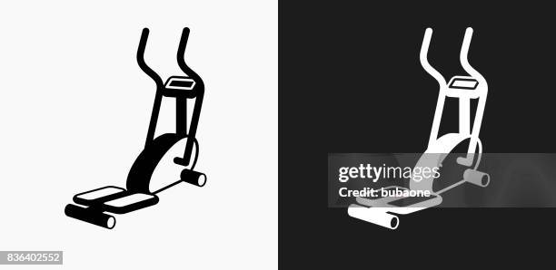 workout machine icon on black and white vector backgrounds - weight lifting machine stock illustrations