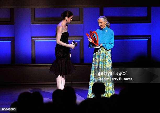 Actress Debra Messing and activist Jane Goodall on stage during the Glamour Magazine 2008 Women of the Year Awards at Carnegie Hall on November 10,...