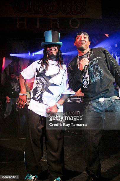Singer T-Pain and rapper Maino perform at the "Thr33 Ringz" Album Release Party at the Hiro Ballroom on November 10, 2008 in New York City.