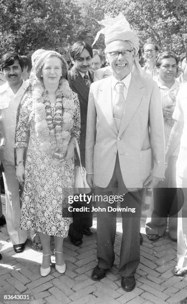 British prime minister Margaret Thatcher with her husband Denis during an official visit to India, 20th April 1981.