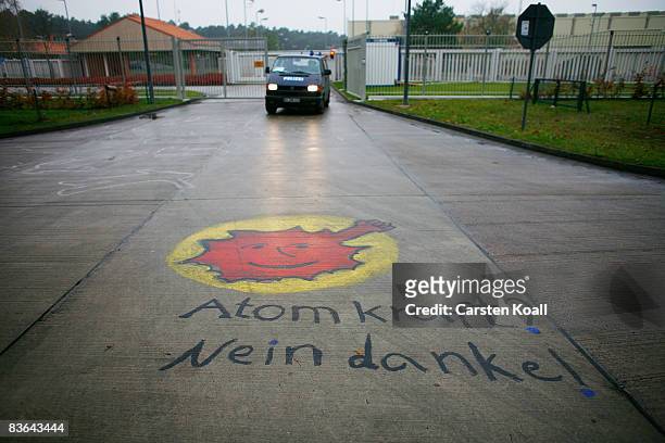 Activists protesting with the slogan 'Atompower - No Thanks' at the entrance of the interim facility against the tranportation of nuclear waste...