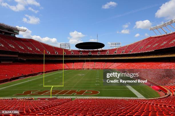 The Kansas City Chiefs playing field at Arrowhead Stadium, home of the Kansas City Chiefs football team in Kansas City, Missouri on August 12, 2017.