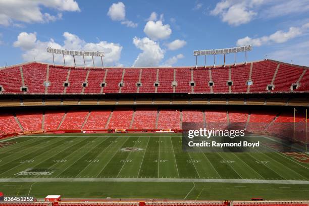 The Kansas City Chiefs playing field at Arrowhead Stadium, home of the Kansas City Chiefs football team in Kansas City, Missouri on August 12, 2017.