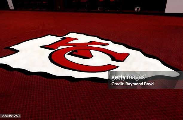Kansas City Chiefs logo in the team's locker room at Arrowhead Stadium, home of the Kansas City Chiefs football team in Kansas City, Missouri on...