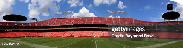 Panoramic view of the Kansas City Chiefs playing field at Arrowhead Stadium, home of the Kansas City Chiefs in Kansas City, Missouri on August 12,...