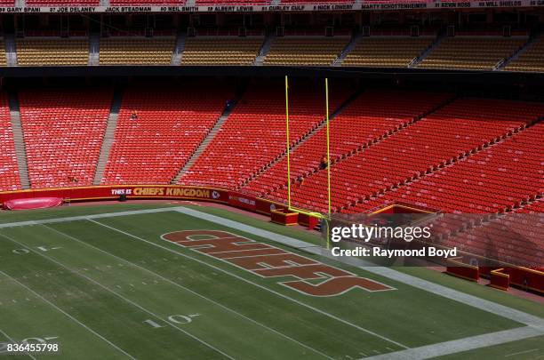 The Kansas City Chiefs playing field at Arrowhead Stadium, home of the Kansas City Chiefs football team in Kansas City, Missouri on August 12, 2017.