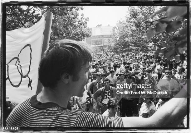 One month after the demonstrations and conflict at the Stonewall Inn, activist Marty Robinson speaks to a crowd of approximately 200 people before...