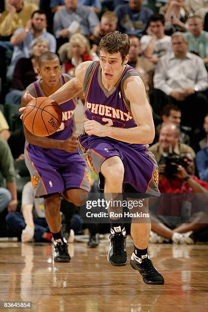 Goran Dragic of the Phoenix Suns drives the ball up court during the game against the Indiana Pacers at Conseco Fieldhouse on November 5, 2008 in...