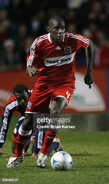 Bakary Soumare of the Chicago Fire moves the ball up the field against the New England Revolution during the first half of the second leg of the MLS...