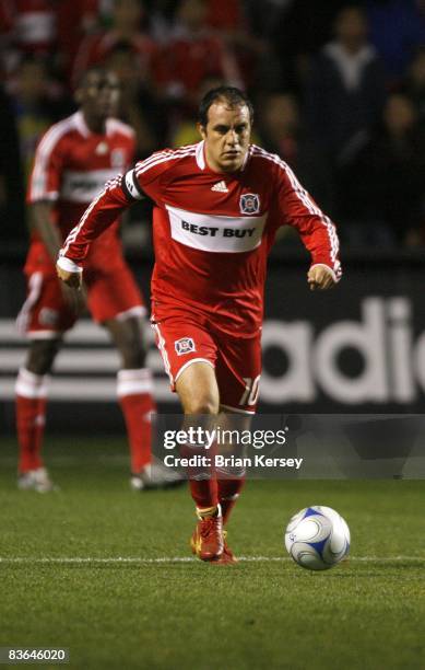 Cuauhtemoc Blanco of the Chicago Fire moves the ball against the New England Revolution during the first half of the second leg of the MLS Eastern...