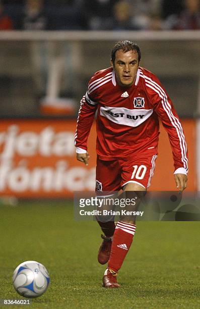 Cuauhtemoc Blanco of the Chicago Fire moves the ball against the New England Revolution during the first half of the second leg of the MLS Eastern...