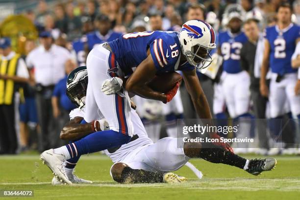 Buffalo Bills wide receiver Rashad Ross is tackled by Philadelphia Eagles defensive back Patrick Robinson during a NFL preseason game between the...