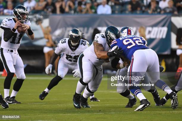 Philadelphia Eagles offensive guard Brandon Brooks blocks Buffalo Bills defensive end Adolphus Washington during a NFL preseason game between the...
