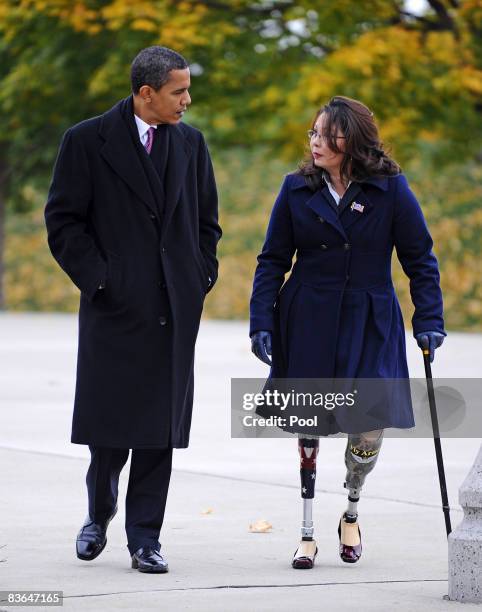 President-elect Barack Obama arrives with Gulf War veteran Tammy Duckworth to honor America's veterans on Veterans Day at the Bronze Soldiers...