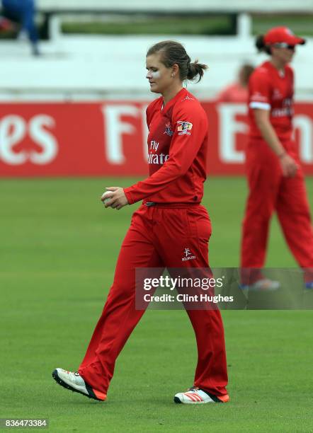 Jess Jonassen of Lancashire Thunder bowls during the Kia Super League match between Lancashire Thunder and Loughborough Lightning at Blackpool...