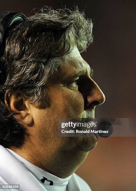 Head coach Mike Leach of the Texas Tech Red Raiders during play against the Oklahoma State Cowboys at Jones AT&T Stadium on November 8, 2008 in...