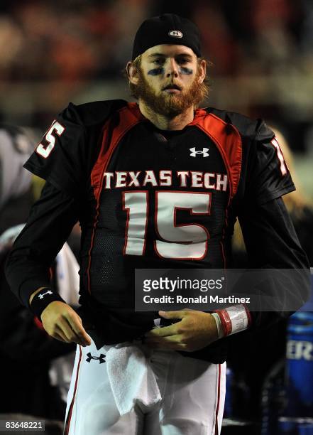 Quarterback Taylor Potts of the Texas Tech Red Raiders during play against the Oklahoma State Cowboys at Jones AT&T Stadium on November 8, 2008 in...