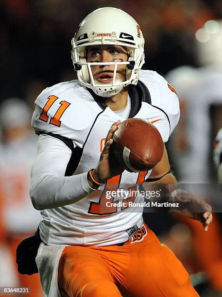 Quarterback Zac Robinson of the Oklahoma State Cowboys during play against the Texas Tech Red Raiders at Jones AT&T Stadium on November 8, 2008 in...