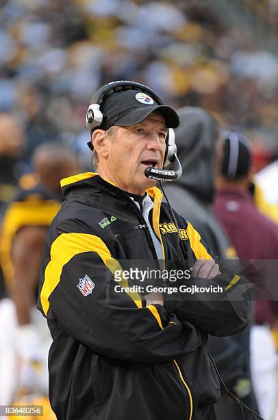 Defensive coordinator Dick LeBeau of the Pittsburgh Steelers looks on from the sideline during a game against the New York Giants at Heinz Field on...