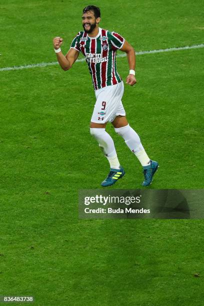Henrique Dourado of Fluminense celebrates a scored goal against Atletico MG during a match between Fluminense and Atletico MG part of Brasileirao...