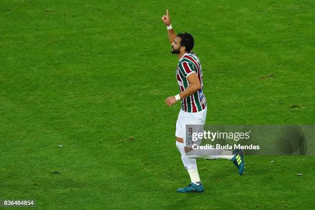 Henrique Dourado of Fluminense celebrates a scored goal against Atletico MG during a match between Fluminense and Atletico MG part of Brasileirao...