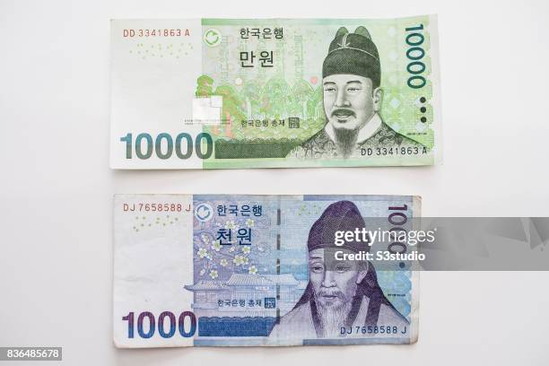 In this photo illustration, South Korean won banknotes are arranged for a photograph on 20 August 2017, in Hong Kong, Hong Kong.