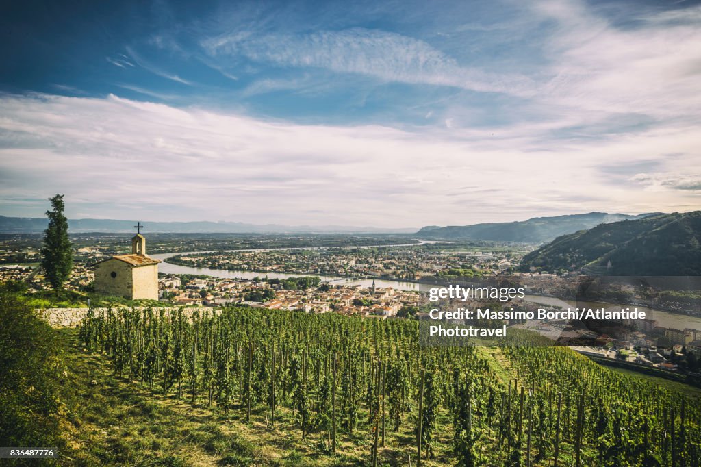 The vineyards near La Chapelle on the hills of Tain-L'Hermitage and the river Rhône