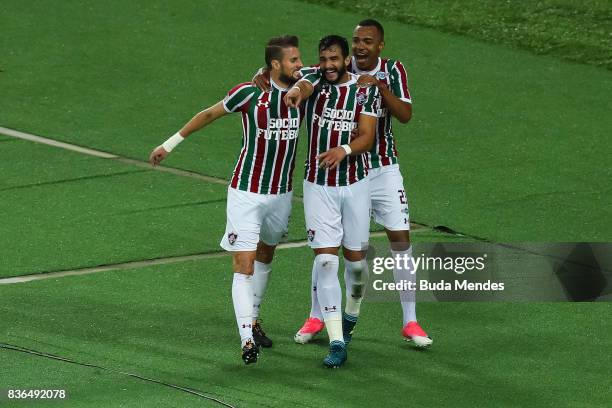 Henrique Dourado of Fluminense celebrates a scored goal against Atletico MG during a match between Fluminense and Atletico MG part of Brasileirao...