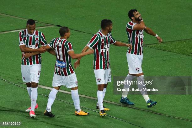 Henrique Dourado of Fluminense celebrates a scored goal against Atletico MG during a match between Fluminense and Atletico MG part of Brasileirao...