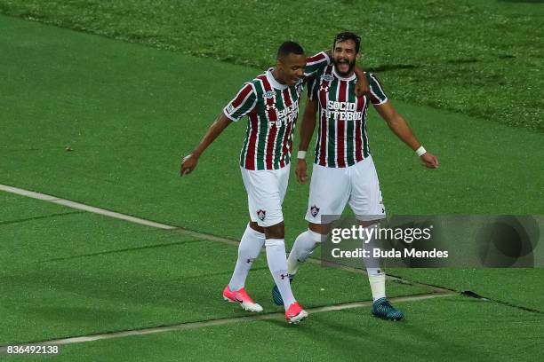 Henrique Dourado of Fluminense celebrates a scored goal against Atletico MG during a match between Fluminense and Atletico MG part of Brasileirao...