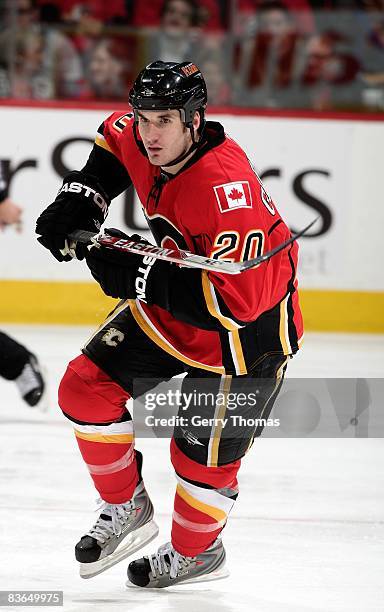 Curtis Glencross of the Calgary Flames skates against the Nashville Predators on November 6, 2008 at Pengrowth Saddledome in Calgary, Alberta,...