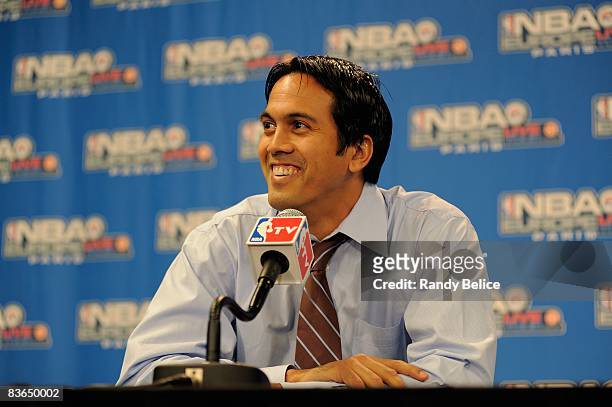 Head coach Erik Spoelstra of the Miami Heat speaks to reporters before the game against the New Jersey Nets during the 2008 NBA Europe Live Tour on...
