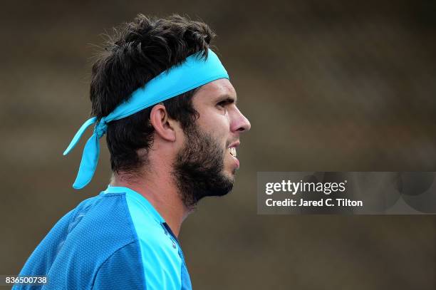 Jiri Vesely of Czech Republic looks on during his match against Marcos Baghdatis of Cyprus on the third day of the Winston-Salem Open at Wake Forest...