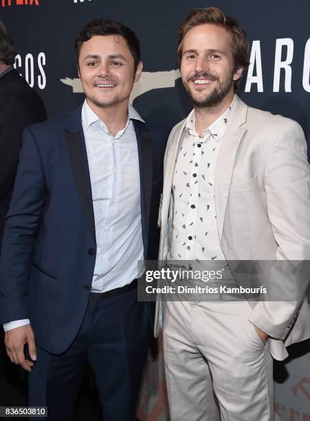 Arturo Castro and Michael Stahl-David attend the "Narcos" Season 3 New York Screening at AMC Loews Lincoln Square 13 theater on August 21, 2017 in...