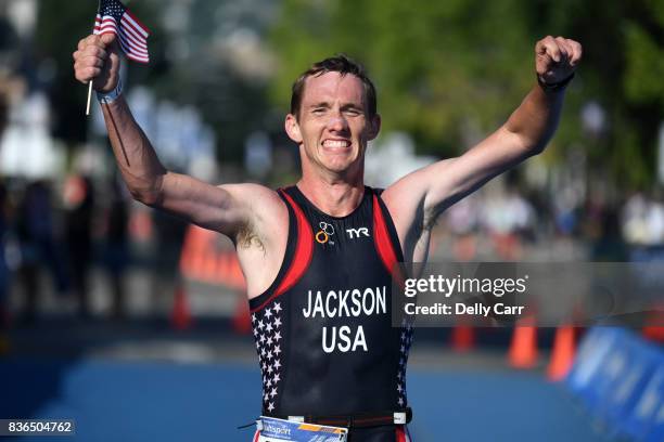 Keith Jackson of USA celebrates finishing the Duathlon during the 2017 Penticton ITU Multisport World Championship event on August 21, 2017 in...
