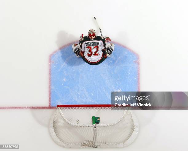 Niklas Backstrom of the Minnesota Wild stands in his crease during their game against the Vancouver Canucks at General Motors Place on November 8,...