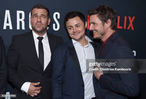 Pepe Rapazote, Arturo Castro and Pedro Pascal attend the "Narcos" Season 3 New York Screening at AMC Loews Lincoln Square 13 theater on August 21,...
