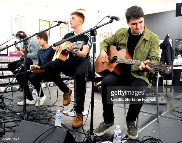 Kiaran Crook, Brandon Crook, Josh Davidson and Andy Davidson of The Sherlocks perform live and sign copies of their debut album 'Live for the Moment'...