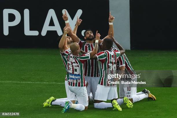 Players of Fluminense celebrate a scored goal against Atletico MG during a match between Fluminense and Atletico MG part of Brasileirao Series A 2017...