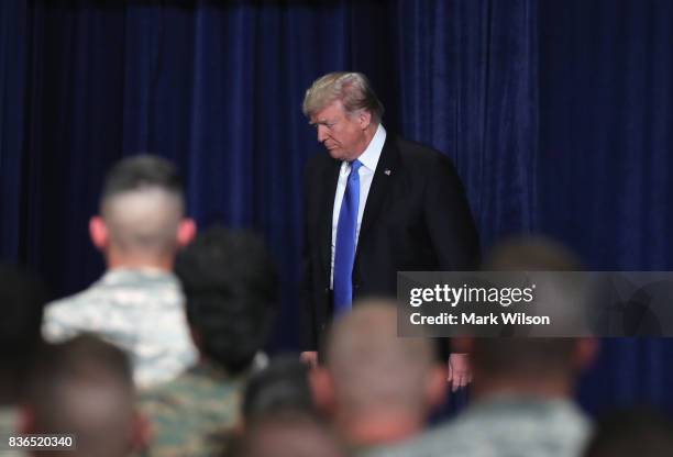 President Donald Trump delivers remarks on Americas military involvement in Afghanistan at the Fort Myer military base on August 21, 2017 in...