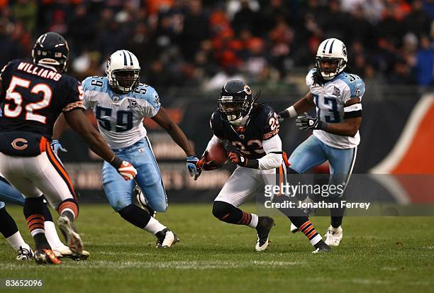 Devin Hester of the Chicago Bears returns a kick against the Tennessee Titans at Soldier Field on November 9, 2008 in Chicago, Illinois. The Bears...