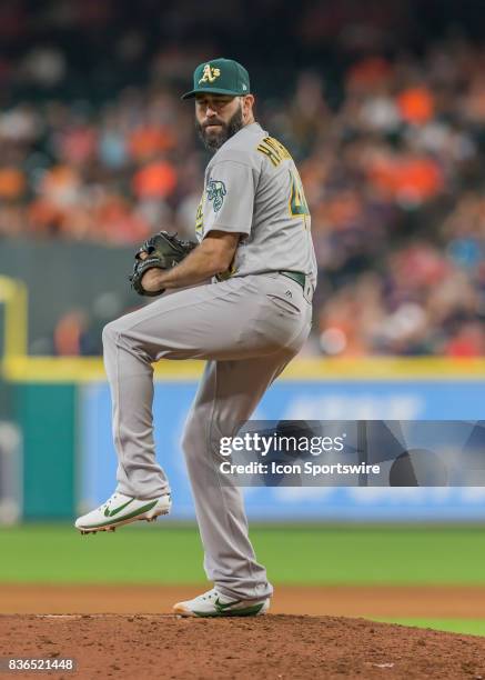 Oakland Athletics relief pitcher Chris Hatcher takes over the mound in the seventh inning of the MLB game between the Oakland Athletics and Houston...