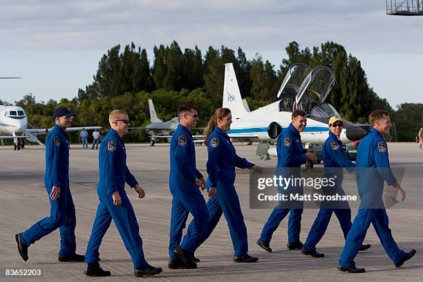 Space Shuttle Endeavour STS-126 crew members, mission specialist Donald Pettit, pilot Eric Boe, and mission specialists Shane Kimbrough, Heidemarie...